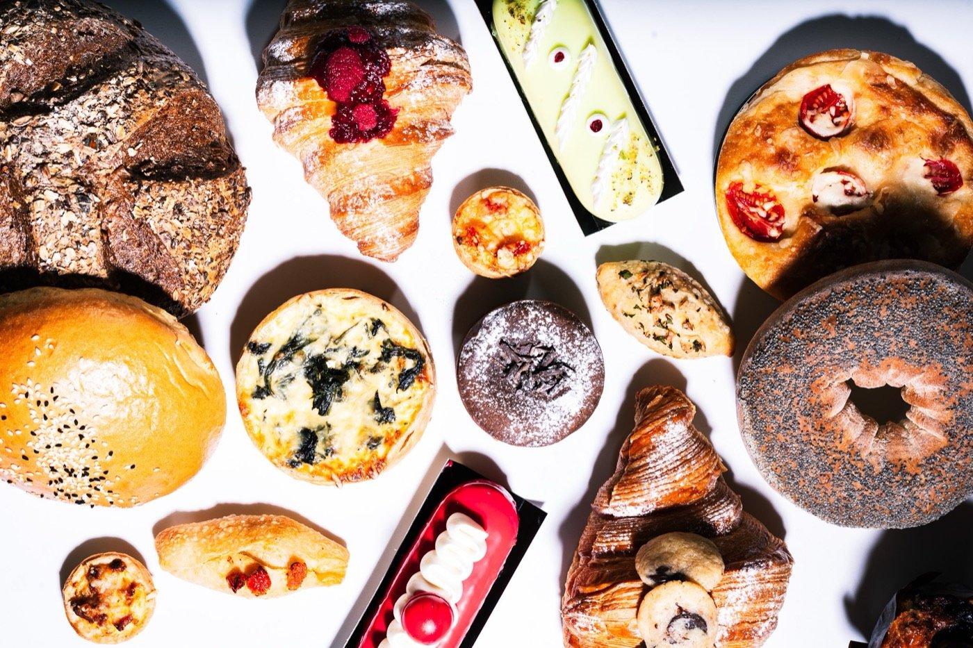 Flat lay of pastries and baked goods