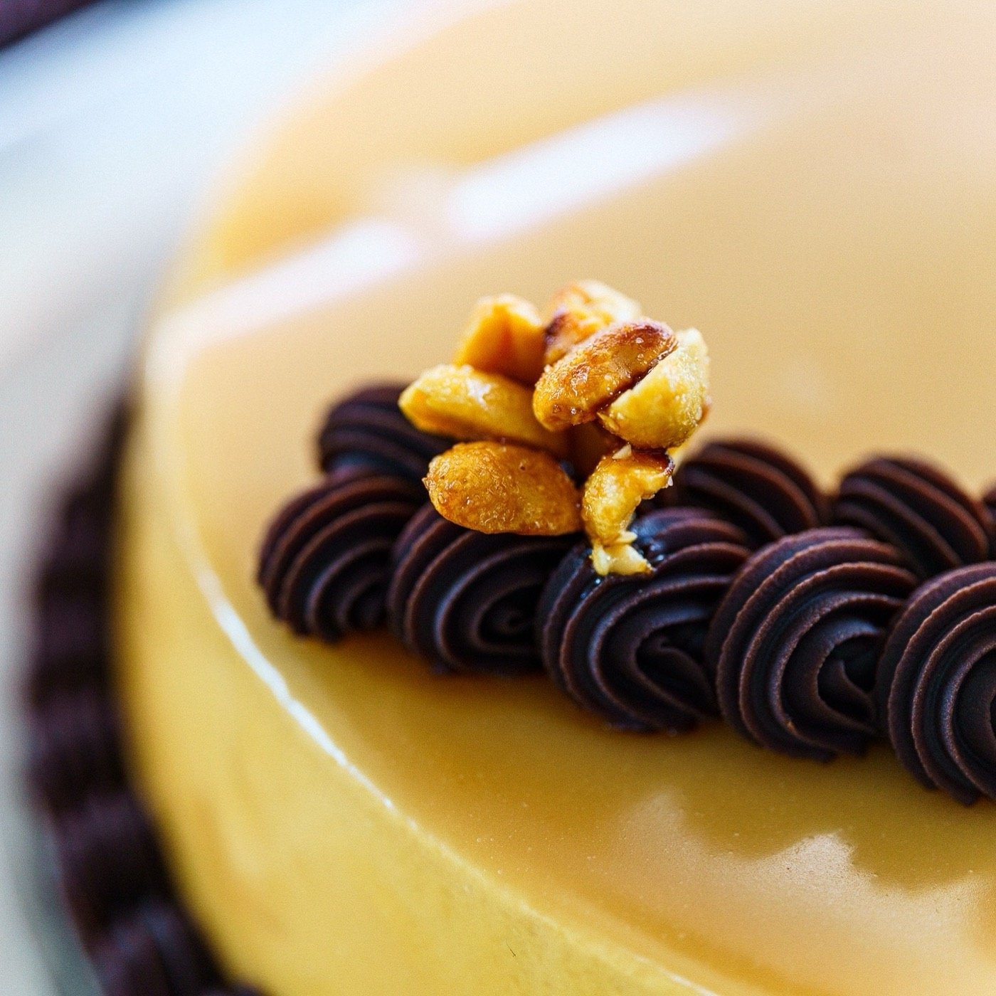 Yellow tart topped with chocolate piping and nuts