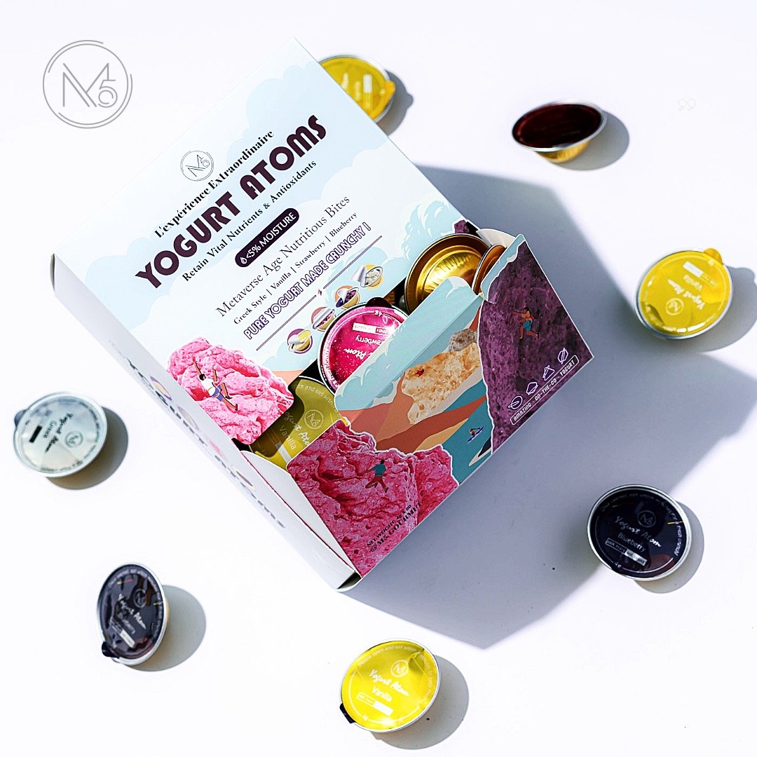 Product box and yogurt pots on a white background