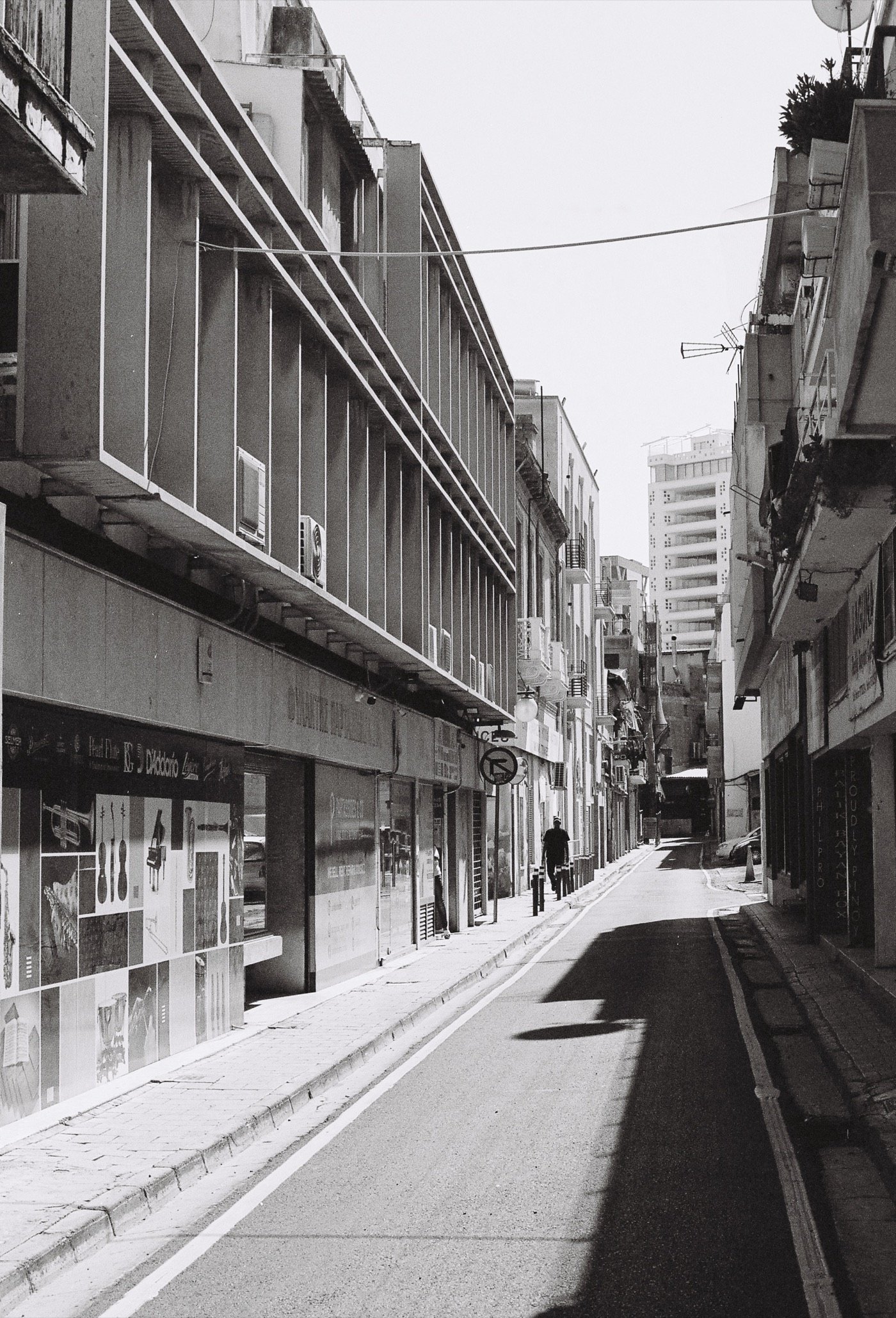 Black-and-white city street