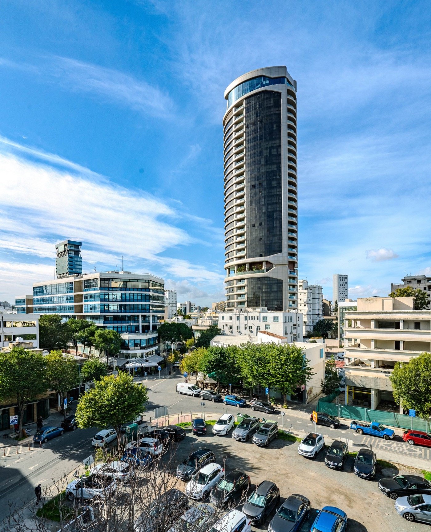 High-rise tower against a blue sky