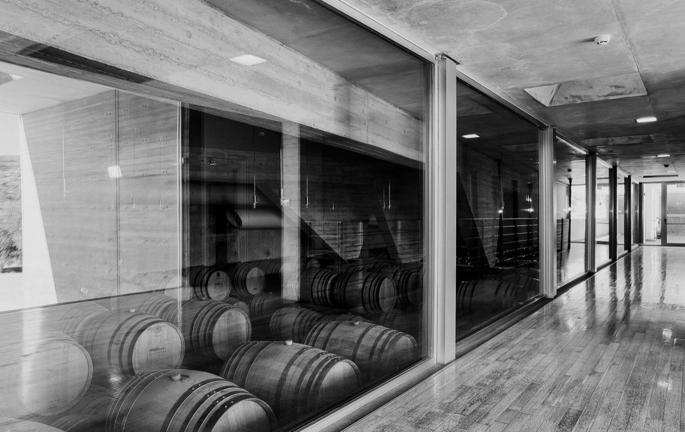 Black-and-white interior with glass walls and wine barrels